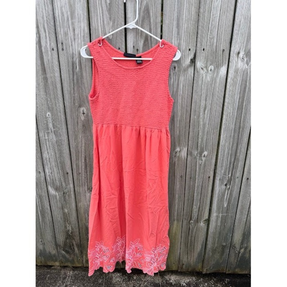 Cottagecore Boho Jane Ashley Midi Dress 2X Coral Pink Embroidered Smocked Hem